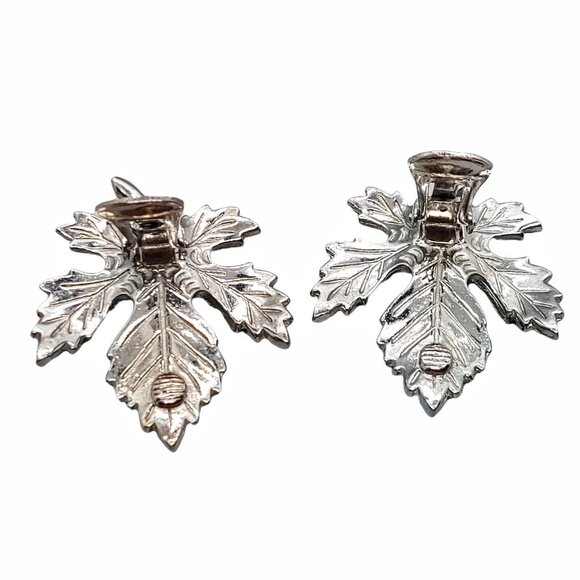 Maple Leaf Citrine Glass Silver Tone Clip On Earrings Vintage Estate Unsigned - Picture 6 of 6